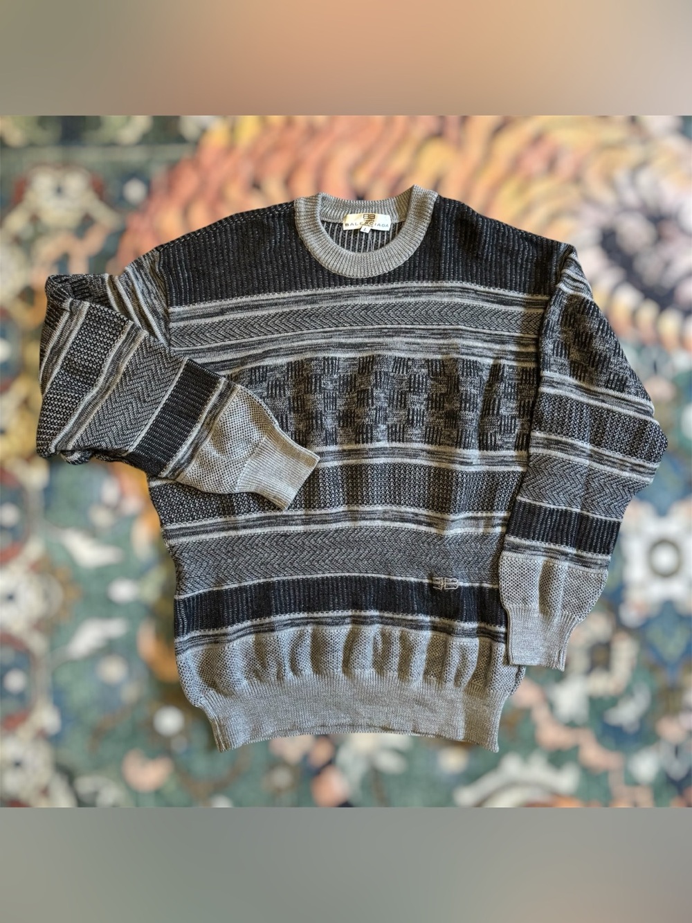 Vintage Balenciaga Paris Coogi Style 3D Textured Knit Sweater Gray Pullover M